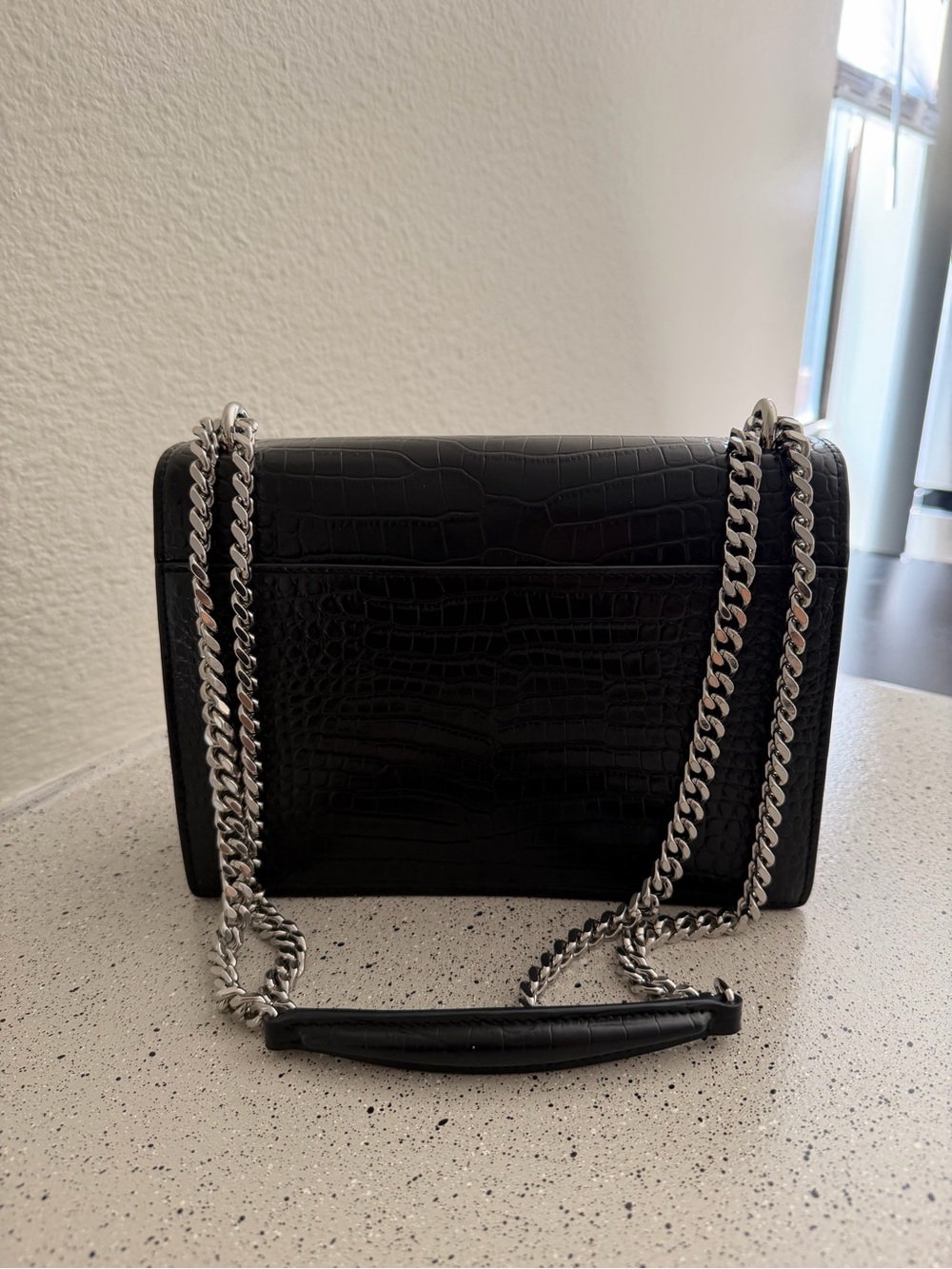 Saint Laurent Black Croc-Embossed Shoulder Bag with Silver YSL Hardware - Picture 2 of 9